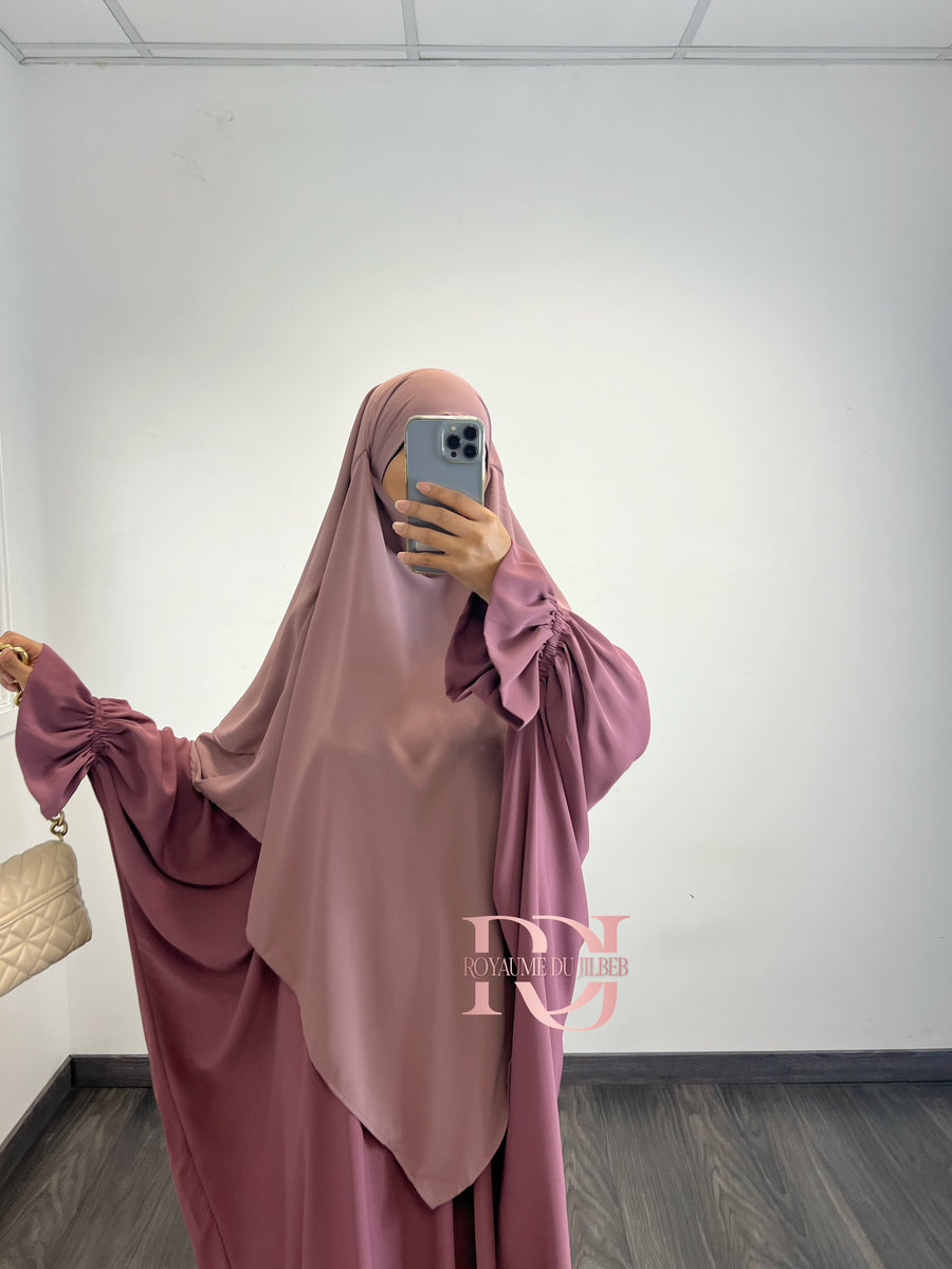 Khimar 2 voiles en soie de medine, couleur taupe-rosé (option niqab)