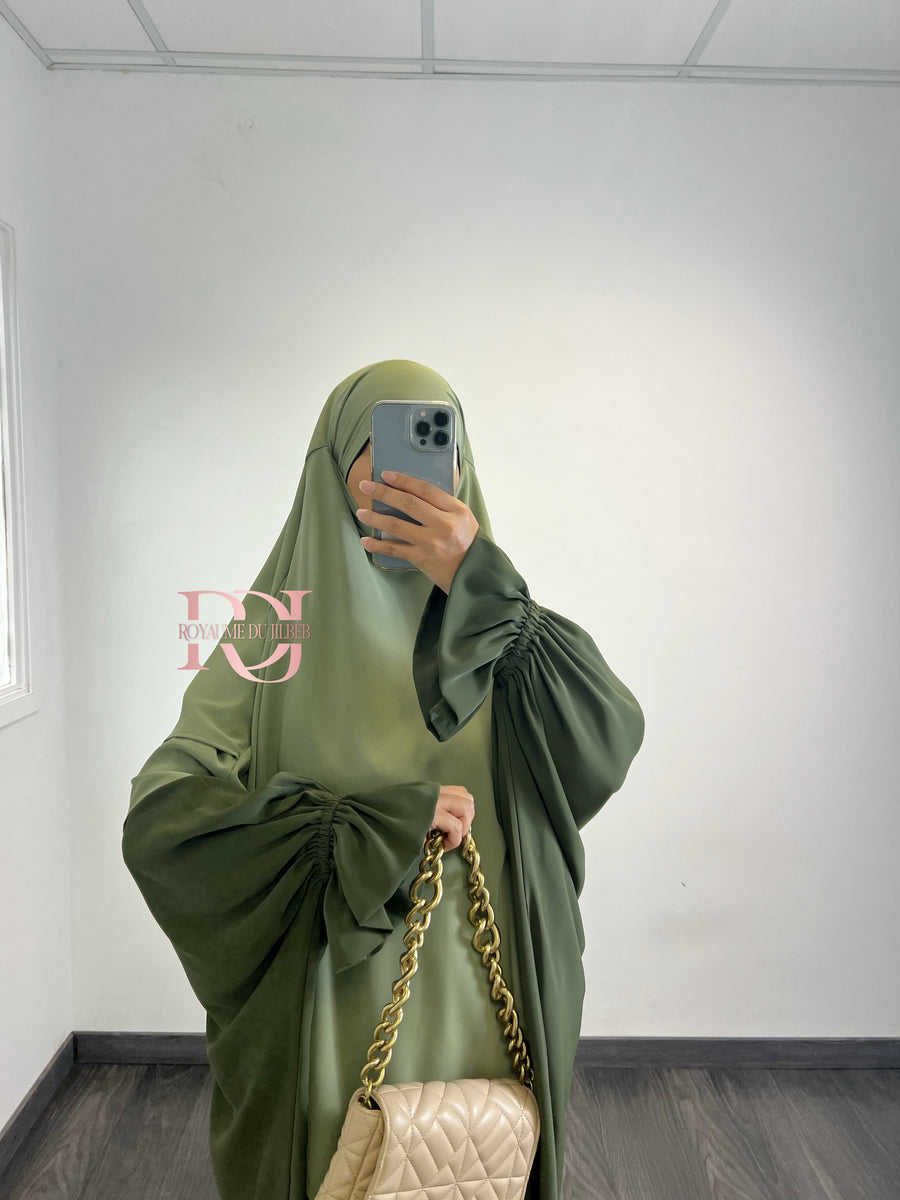 Khimar 2 voiles en soie de medine, couleur olive (option niqab)