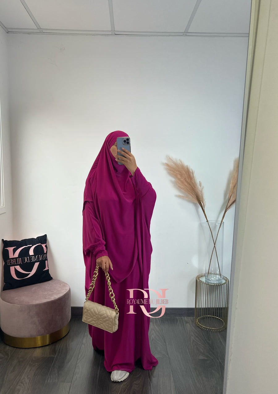 Abaya + khimar soie de medine, couleur framboise