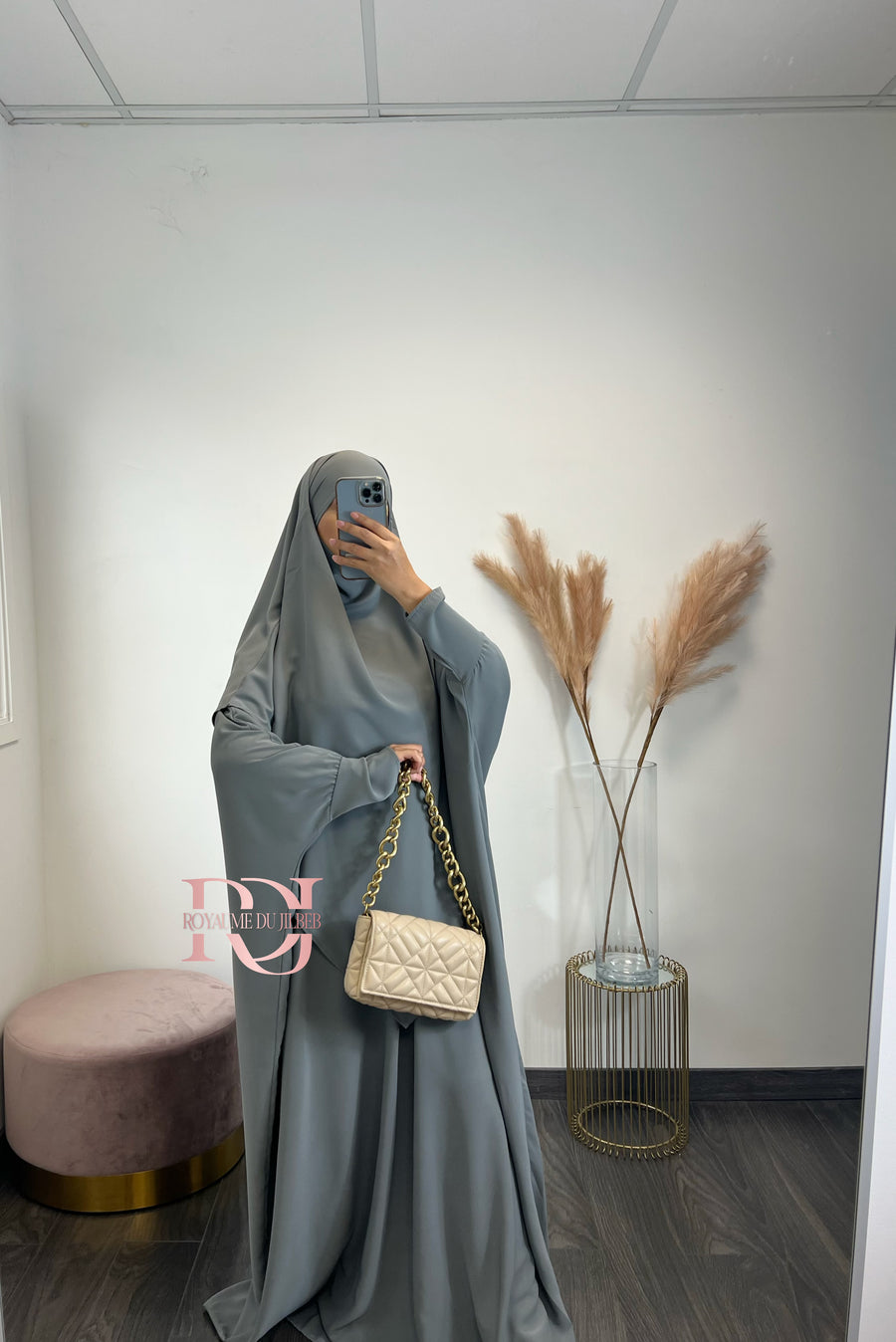 Abaya + khimar soie de medine, couleur gris foncé