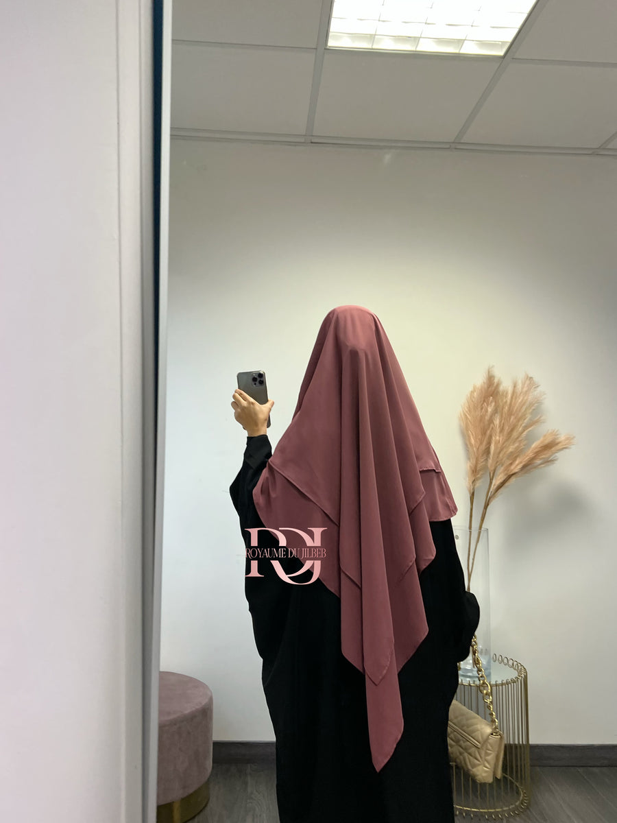 Khimar soie de medine 2 voiles avec niqab intégré, couleur bois de rose