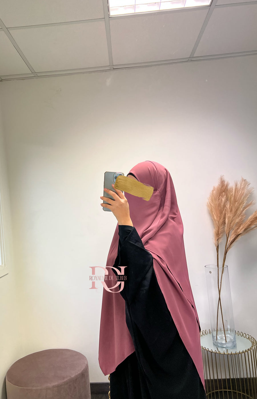 Khimar soie de medine 2 voiles avec niqab intégré, couleur bois de rose